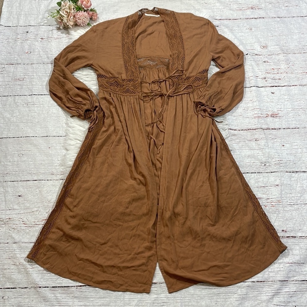 Moussy Vintage Camel Tan Crochet Paneled Tie Front Duster Cardigan